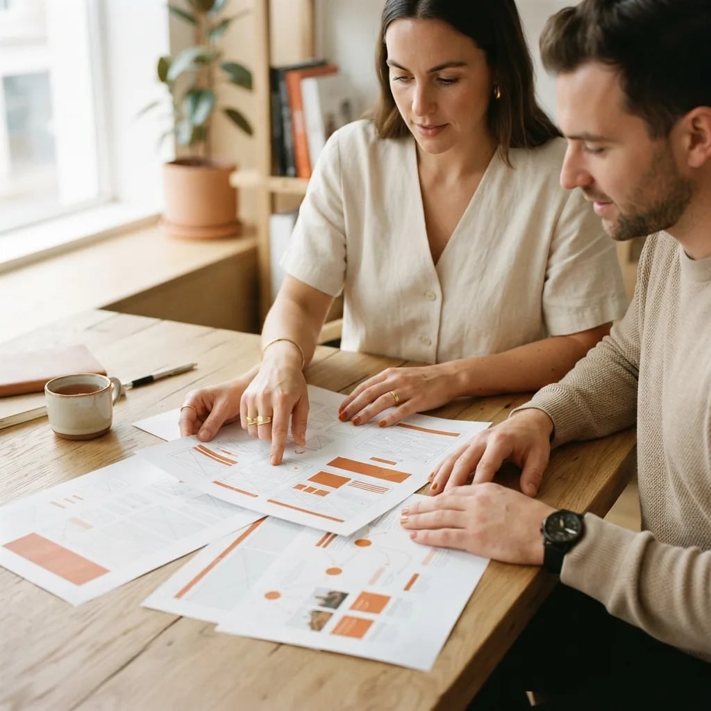 Designers reviewing layouts on a warm wood desk